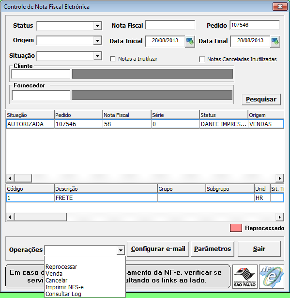 1.3 Tela de Controle da Nota Fiscal Eletrônica Reprocessar: caso houver erro de envio (dados do cliente inválidos, alíquota inválida, etc) e estes foram corrigidos em seus cadastros, utilizar esta