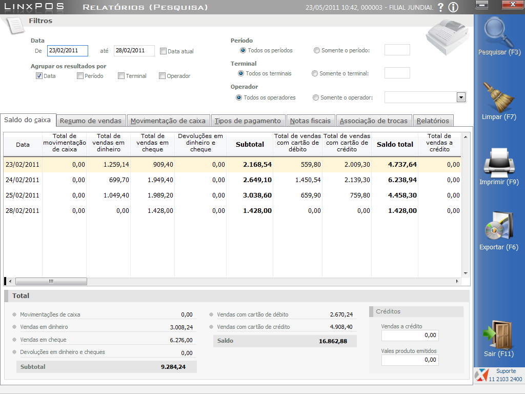 Somente o período: exibe nas abas de consulta, as informações do período informado. Terminal Todos os terminais: apresenta nas abas de consulta, informações de todos os terminais da loja.