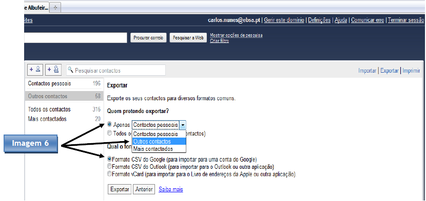 6º Passo O próximo passo é guardar num ficheiro (CSV) todos os contactos