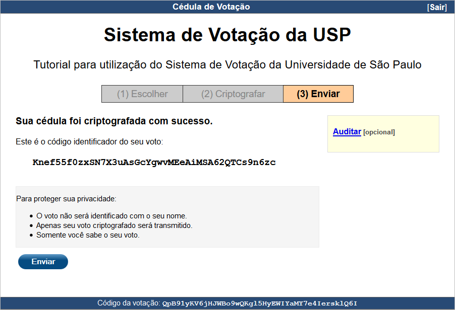 Enviando sua cédula A criptografia é realizada pelo seu navegador.