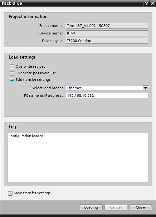 b) Na Seção "Load settings", selecionar as opções necessárias: Sobrescrever Receitas (Overwrite recipes): Selecionar esta opção sempre na primeira vez que a Aplicação é gravada na IHM ou para