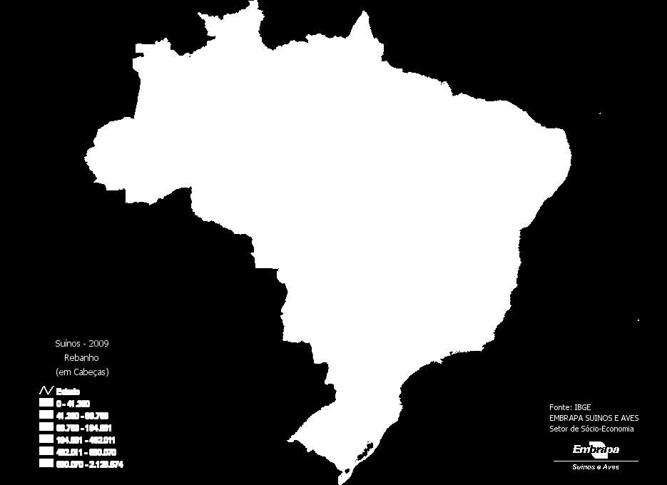 ANUÁRIO ESTATÍSTICO SUINOCULTURA - Central de Inteligencia da Embrapa Suínos e Aves 27 Mapa 16. Rebanho nacional de suínos em 2009 (cabeças) Fonte: IBGE Tabela 20.