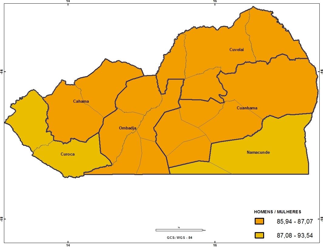 O índice de masculinidade a nível da província é de 88, isto é, na província do Cunene existem 88 homens para cada 100 mulheres, o que significa que a população do Cunene é constituída