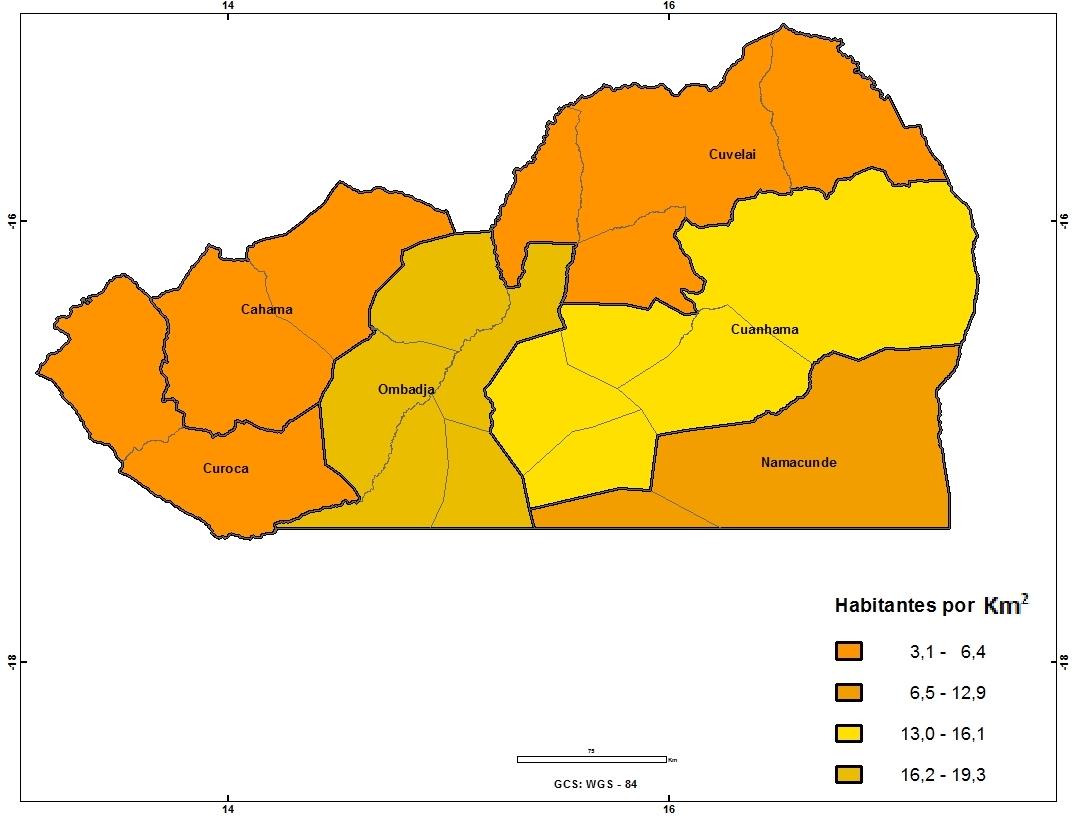No extremo oposto encontram-se o município do Cuvelai com cerca de 4 habitantes por quilómetro quadrado, seguido do município do Curoca com 5 habitantes por quilómetro