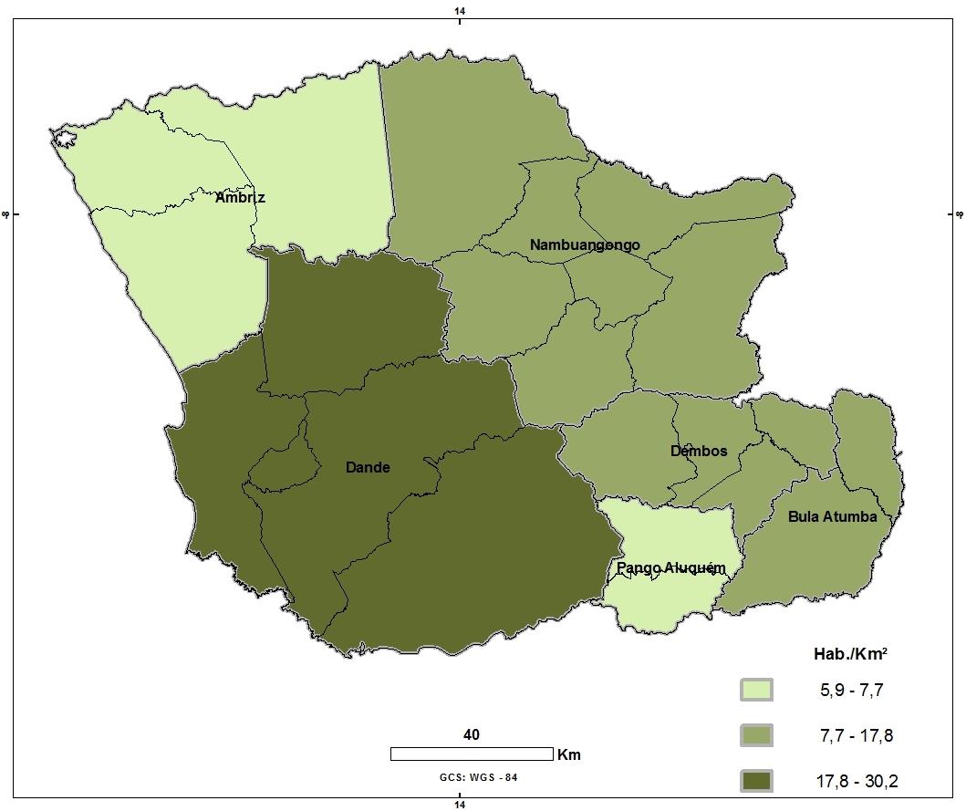 2. DENSIDADE DEMOGRÁFICA Para cada quilómetro quadrado da província do Bengo residem 17 pessoas. O gráfico 18.