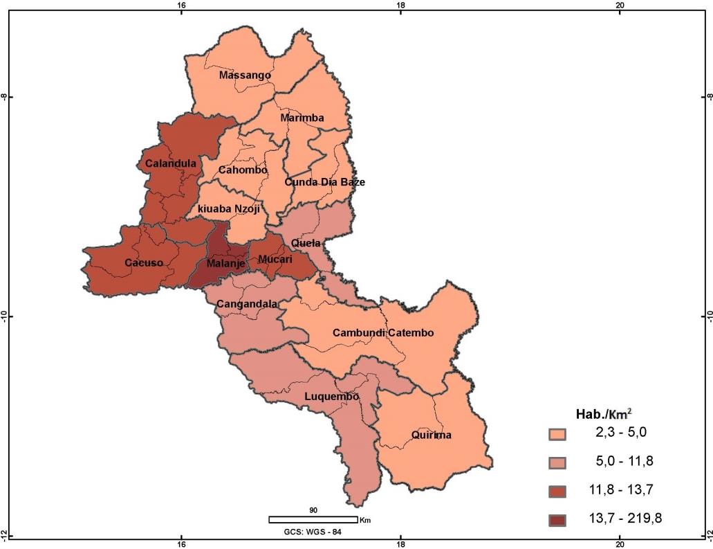 2. DENSIDADE DEMOGRÁFICA Para cada quilómetro quadrado da província de Malanje residem 11 pessoas. O gráfico 7.