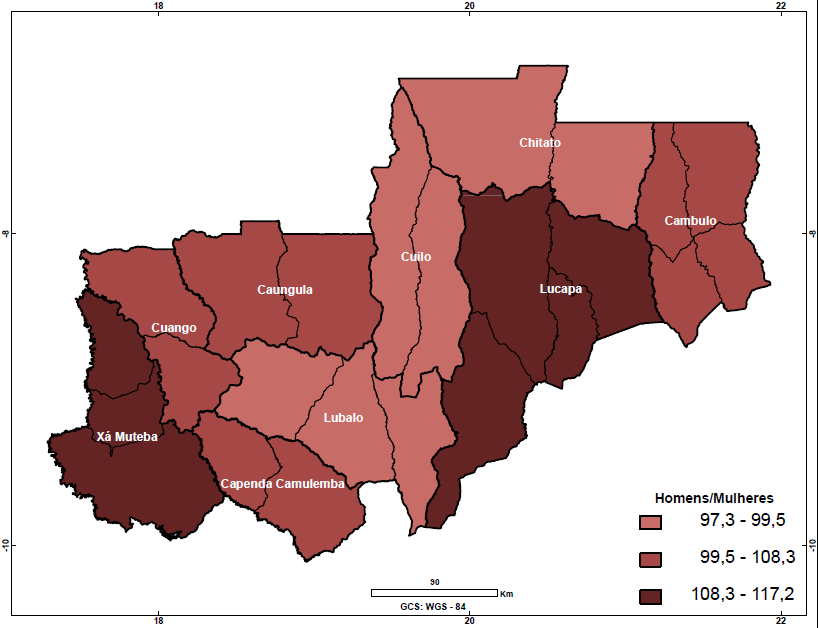 O índice de masculinidade a nível da província é de 106, isto é, na Lunda Norte existem 106 homens para cada 100 mulheres, o que significa que a população da Lunda Norte é