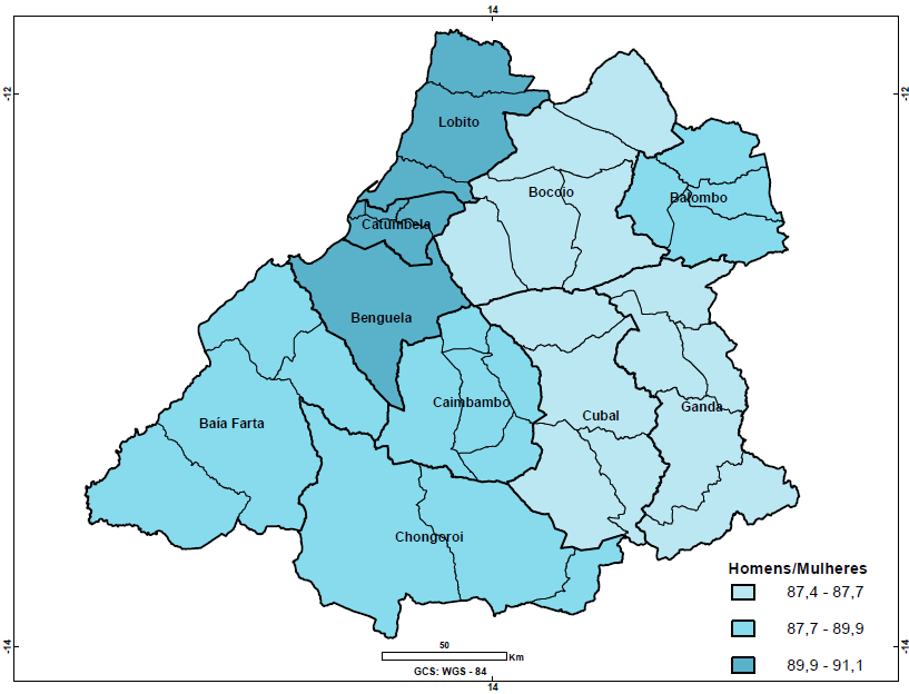 O índice de masculinidade da província é de 89, isto é, em Benguela existem 89 homens para cada 100 mulheres, o que significa que a população de Benguela é constituída maioritariamente por mulheres.