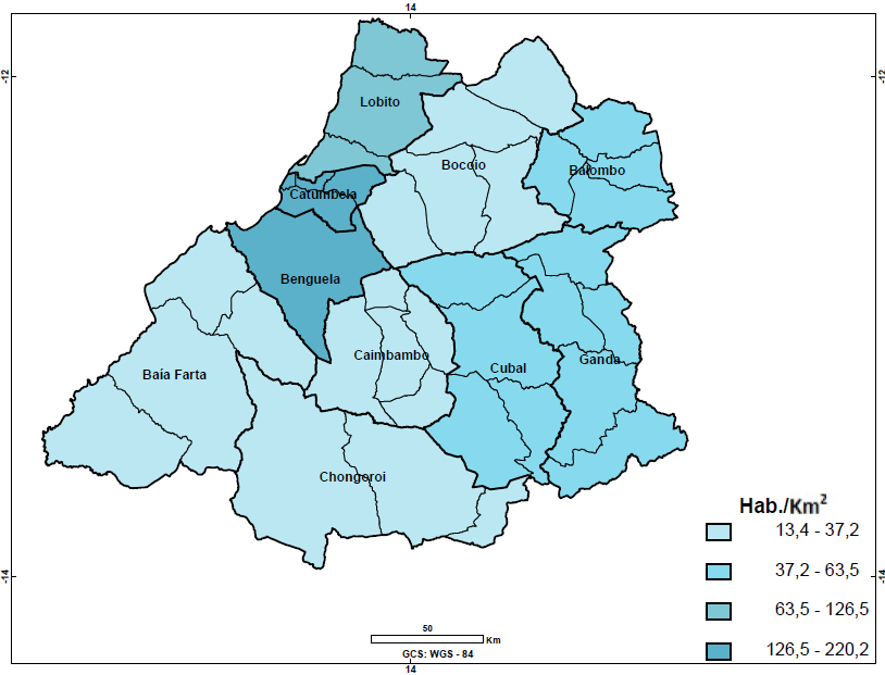 2. DENSIDADE DEMOGRÁFICA Para cada quilómetro quadrado da província de Benguela residem 52 pessoas. O gráfico 9.