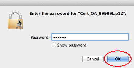 Se o seu sistema operativo for MAC OS X, efetue duplo clique no ficheiro do Certificado Digital e siga as instruções descritas nas próximas imagens: Clique no botão Adicionar No campo Password digite