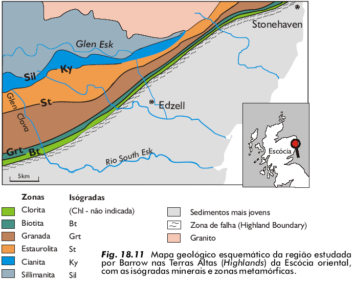 George Barrow definiu os mineraisíndices na ordem de aparecimento definida pela linha (isógrada) do primeiro aparecimento; As linhas definem as zonas