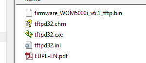 Descompacte o arquivo em uma pasta de sua preferência. Efetue o download da versão TFTP do firmware adequado para o seu modelo de WOM 5000. Apenas os arquivos que terminam com _tftp.