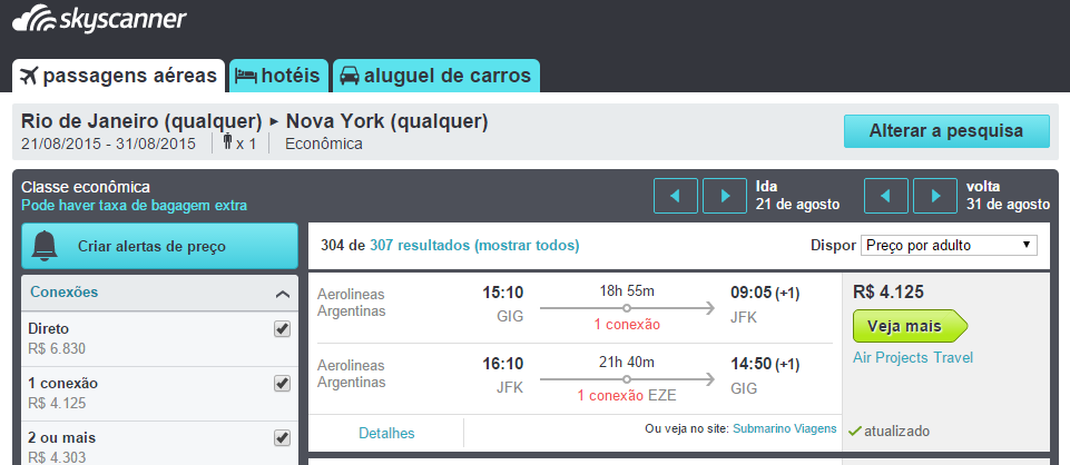 Segue abaixo uma demonstração da diferença de preços de