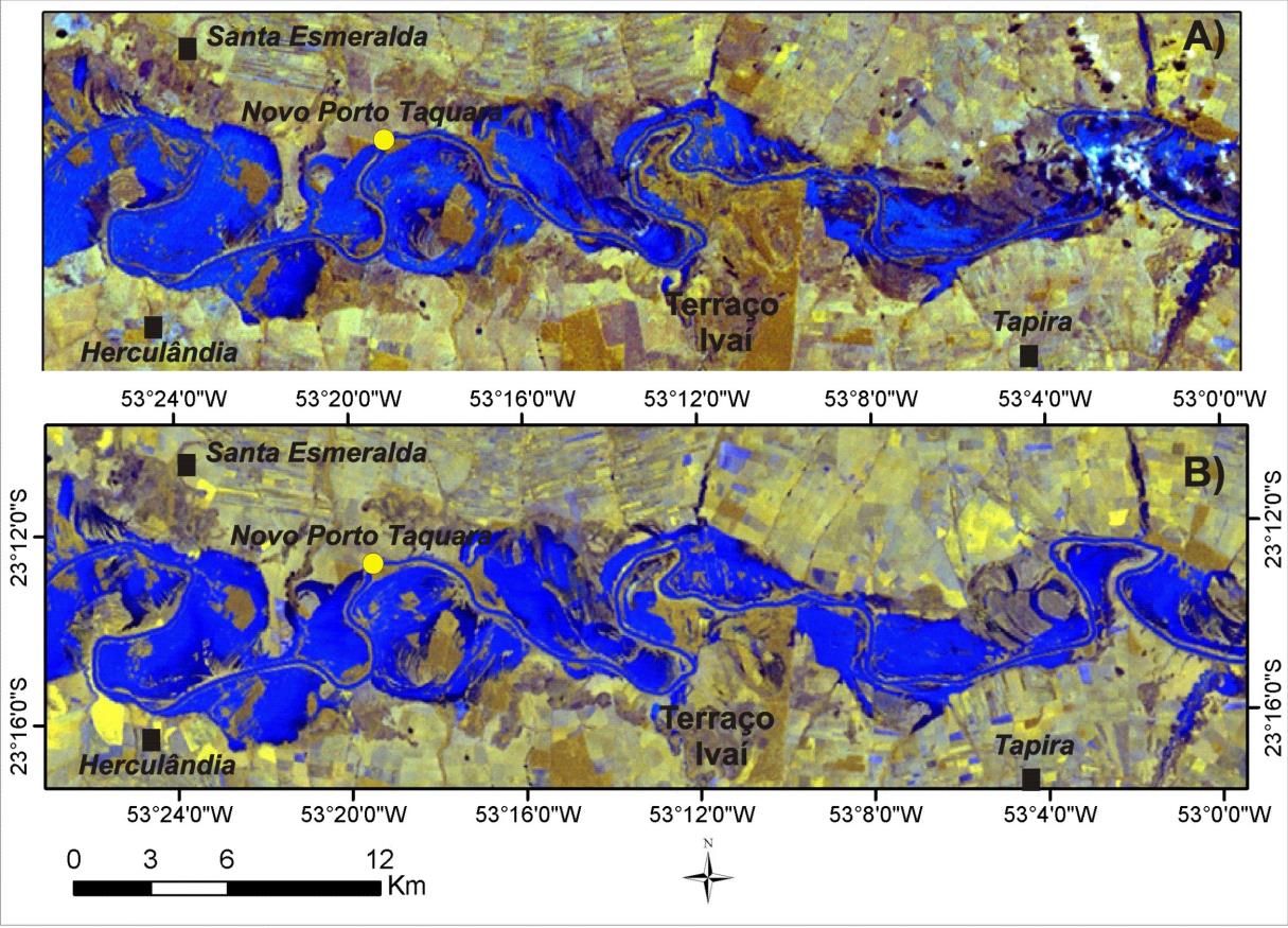 Figura 5 - Eventos de cheias no curso inferior do rio Ivaí, com inundação em patamares mais elevados de sua planície aluvial nas datas de 15/06/1983 (A) e 17/01/1990 (B).