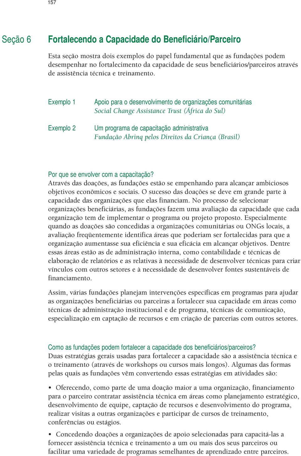 Exemplo 1 Exemplo 2 Apoio para o desenvolvimento de organizações comunitárias Social Change Assistance Trust (África do Sul) Um programa de capacitação administrativa Fundação Abrinq pelos Direitos