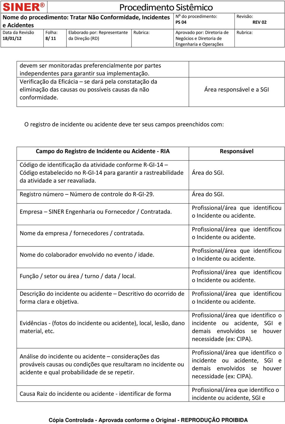 Área responsável e a SGI O registro de incidente ou acidente deve ter seus campos preenchidos com: Campo do Registro de Incidente ou Acidente RIA Código de identificação da atividade conforme R GI 14