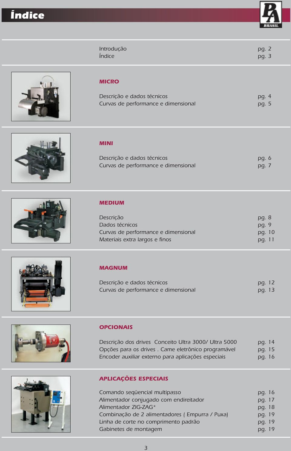 12 Curvas de performance e dimensional pg. 13 OPCIONAIS Descrição dos drives Conceito Ultra 3000/ Ultra 5000 pg. 14 Opções para os drives. Came eletrônico programável pg.