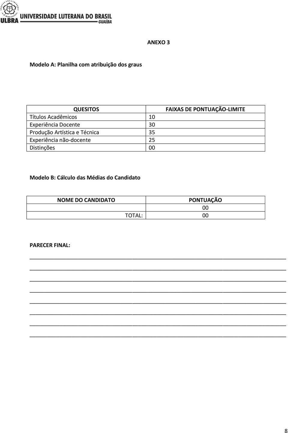 Experiência não-docente 25 Distinções 00 FAIXAS DE PONTUAÇÃO-LIMITE Modelo
