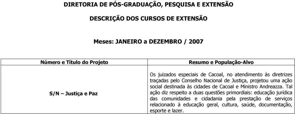 Justiça, projetou uma ação social destinada às cidades de Cacoal e Ministro Andreazza.