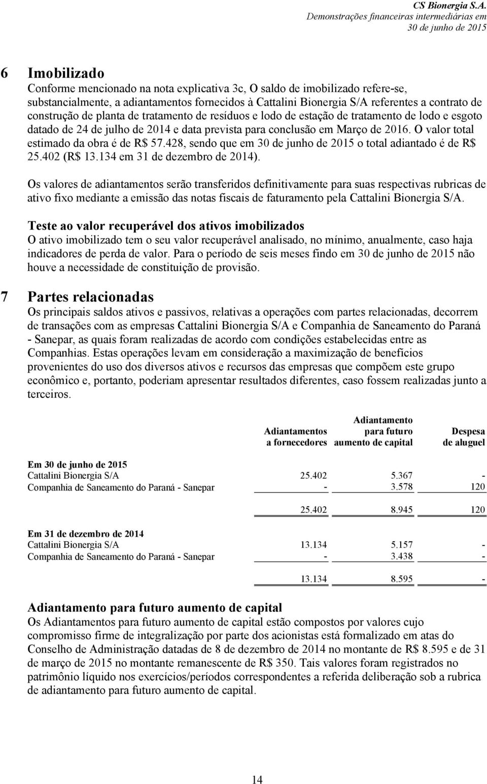 O valor total estimado da obra é de R$ 57.428, sendo que em o total adiantado é de R$ 25.402 (R$ 13.134 em 31 de dezembro de 2014).