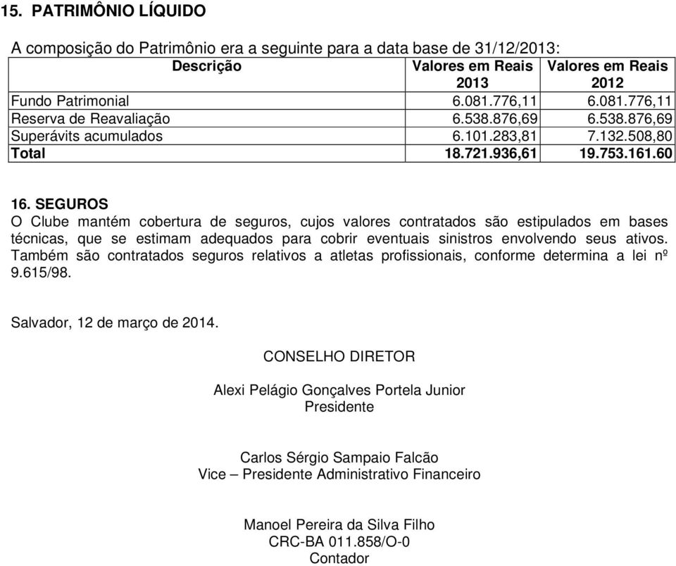 SEGUROS O Clube mantém cobertura de seguros, cujos valores contratados são estipulados em bases técnicas, que se estimam adequados para cobrir eventuais sinistros envolvendo seus ativos.