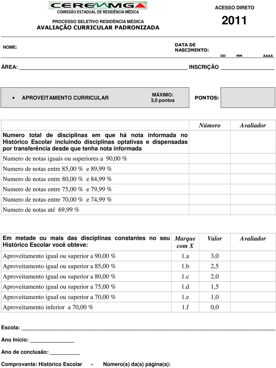 de notas entre 70,00 % e 74,99 % Numero de notas até 69,99 % Número Avaliador Em metade ou mais das disciplinas constantes no seu Histórico Escolar você obteve: Marque com X Valor Aproveitamento