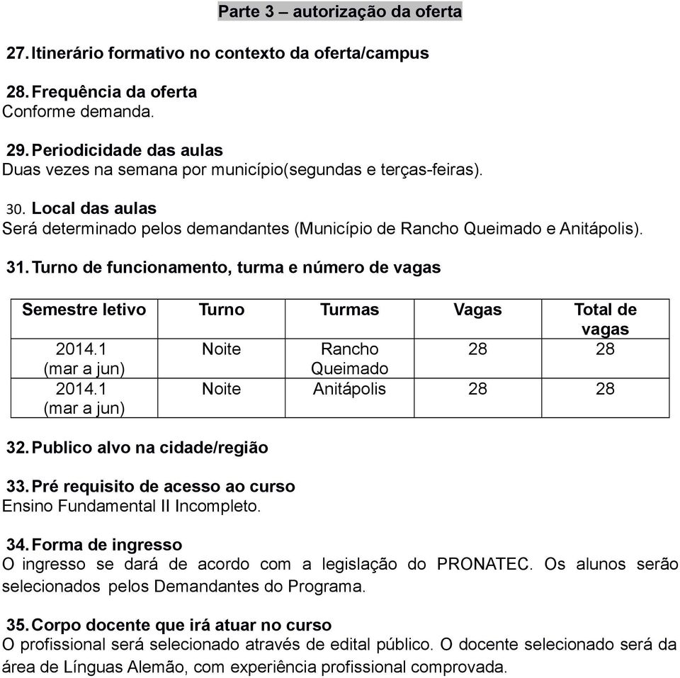 Turno de funcionamento, turma e número de vagas Semestre letivo Turno Turmas Vagas Total de vagas 2014.1 Noite Rancho 28 28 (mar a jun) Queimado 2014.1 (mar a jun) Noite Anitápolis 28 28 32.