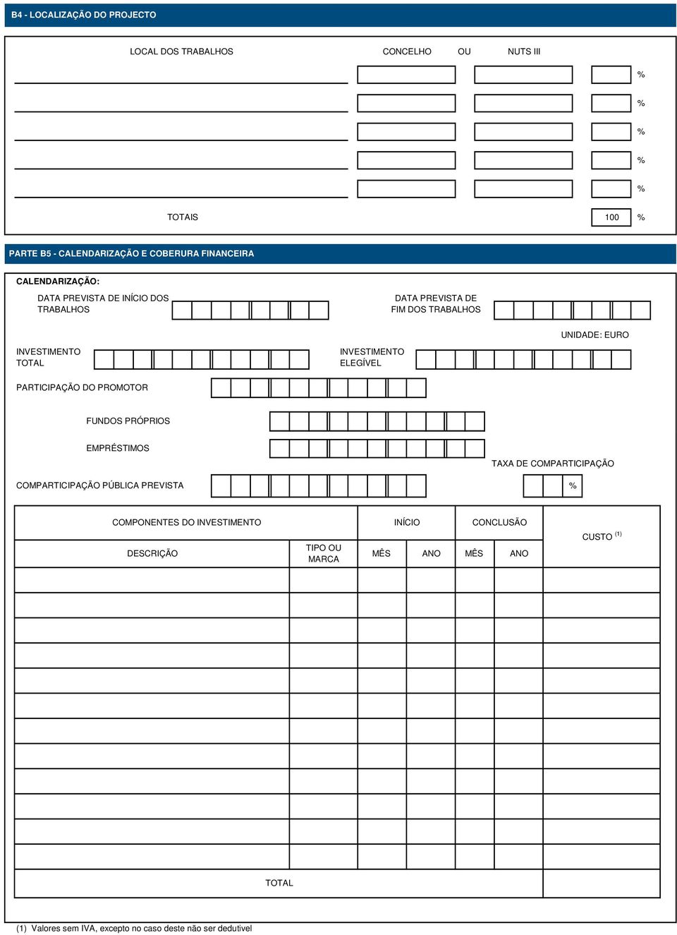 PARTICIPAÇÃO DO PROMOTOR FUNDOS PRÓPRIOS EMPRÉSTIMOS COMPARTICIPAÇÃO PÚBLICA PREVISTA TAXA DE COMPARTICIPAÇÃO COMPONENTES DO