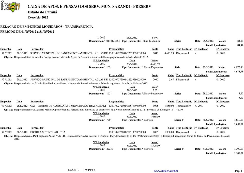 673,99 Dispensavel / 0 / 2012 Objeto: Despesa relativo ao Auxílio Doença dos servidores da Águas de Sarandi referente a folha de pagamento do mês de Maio de 2012. 29/5/2012 4.