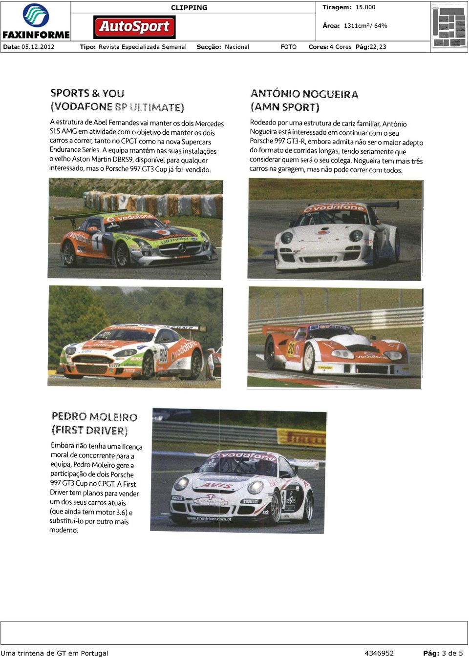 A equipa mantém nas suas instalações o velho Aston Martin DBRS9, disponível para qualquer interessado, mas o Porsche 997 GT3 Cup já foi vendido.