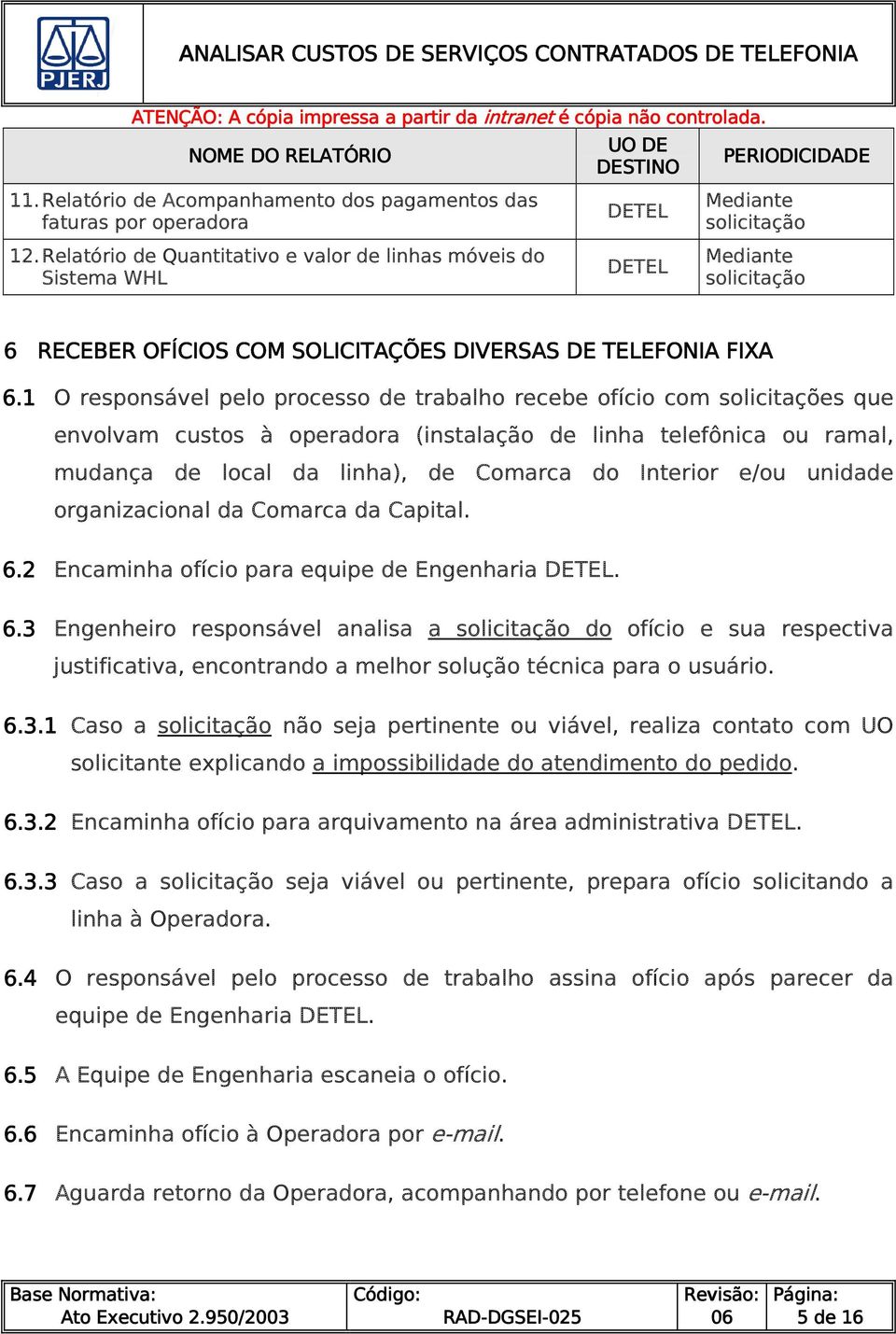 1 O responsável pelo processo de trabalho recebe ofício com solicitações que envolvam custos à operadora (instalação de linha telefônica ou ramal, mudança de local da linha), de Comarca do Interior