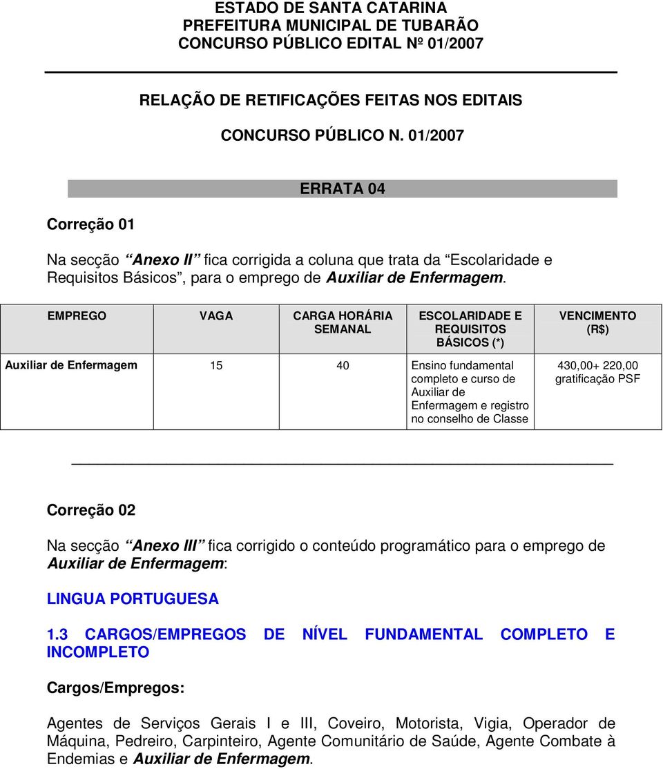 EMPREGO VAGA CARGA HORÁRIA SEMANAL ESCOLARIDADE E REQUISITOS BÁSICOS (*) VENCIMENTO (R$) Auxiliar de Enfermagem 15 40 Ensino fundamental completo e curso de Auxiliar de Enfermagem e