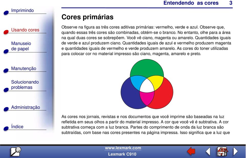 Quantidades iguais de azul e vermelho produzem magenta e quantidades iguais de vermelho e verde produzem amarelo.