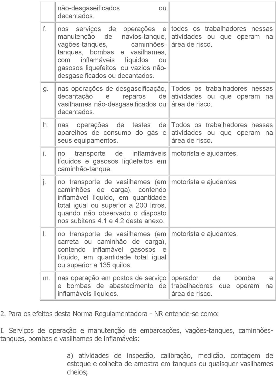 decantados. g. nas operações de desgaseificação, decantação e reparos de vasilhames não-desgaseificados ou decantados. h. nas operações de testes de aparelhos de consumo do gás e seus equipamentos. i.