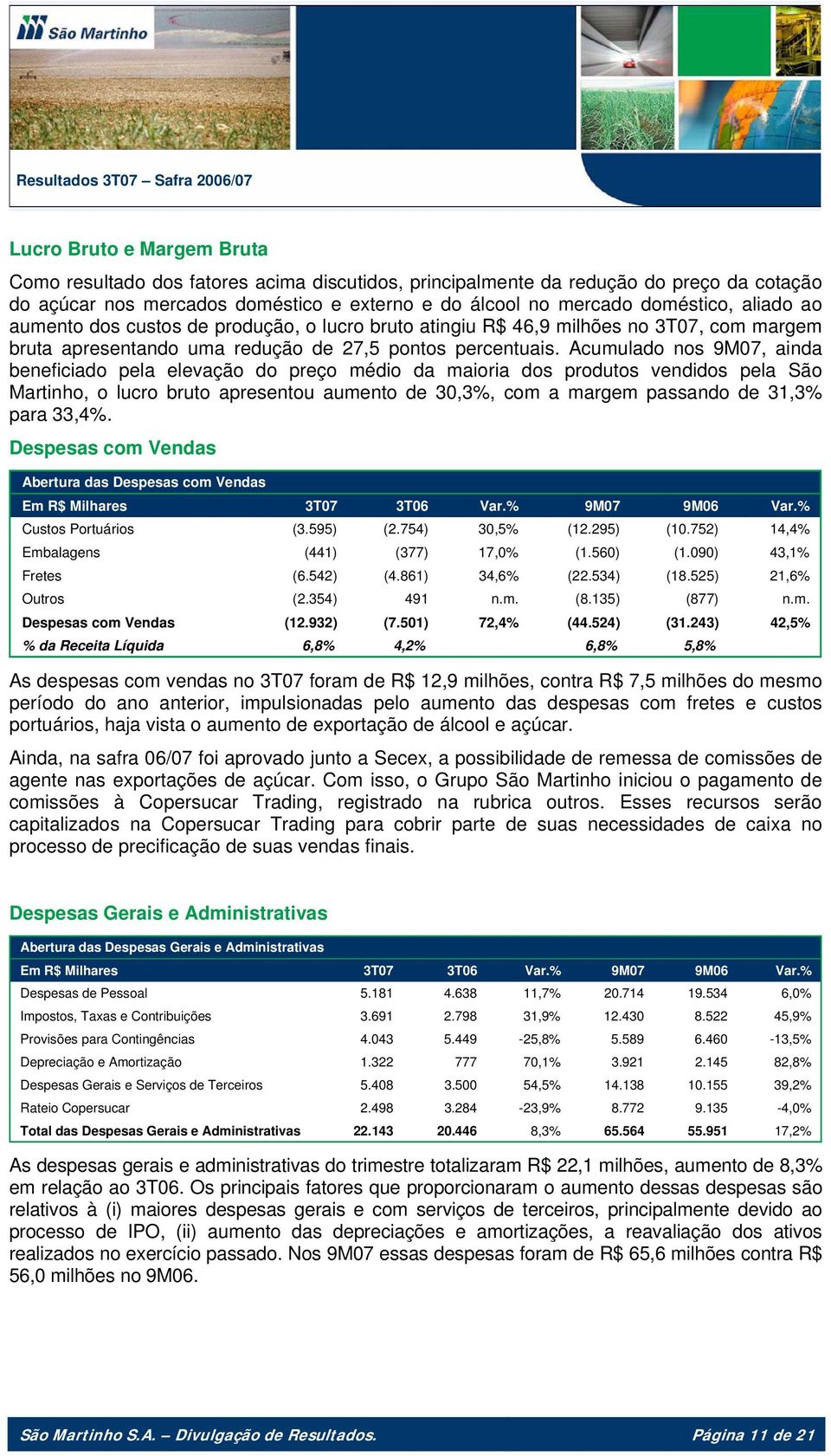 Acumulado nos 9M07, ainda beneficiado pela elevação do preço médio da maioria dos produtos vendidos pela São Martinho, o lucro bruto apresentou aumento de 30,3%, com a margem passando de 31,3% para