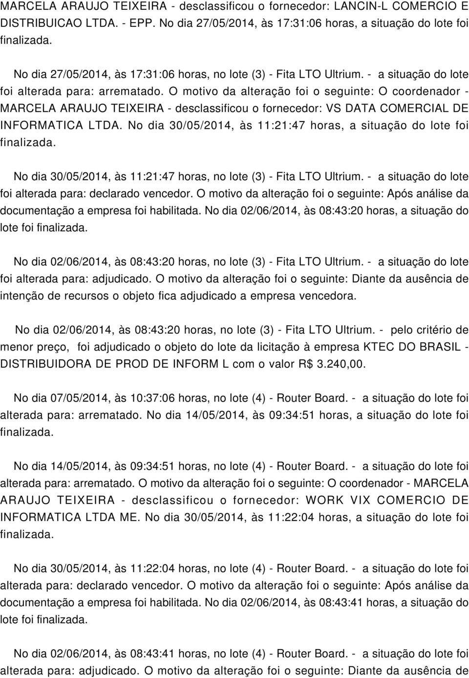 O motivo da alteração foi o seguinte: O coordenador - MARCELA ARAUJO TEIXEIRA - desclassificou o fornecedor: VS DATA CORCIAL DE INFORMATICA.