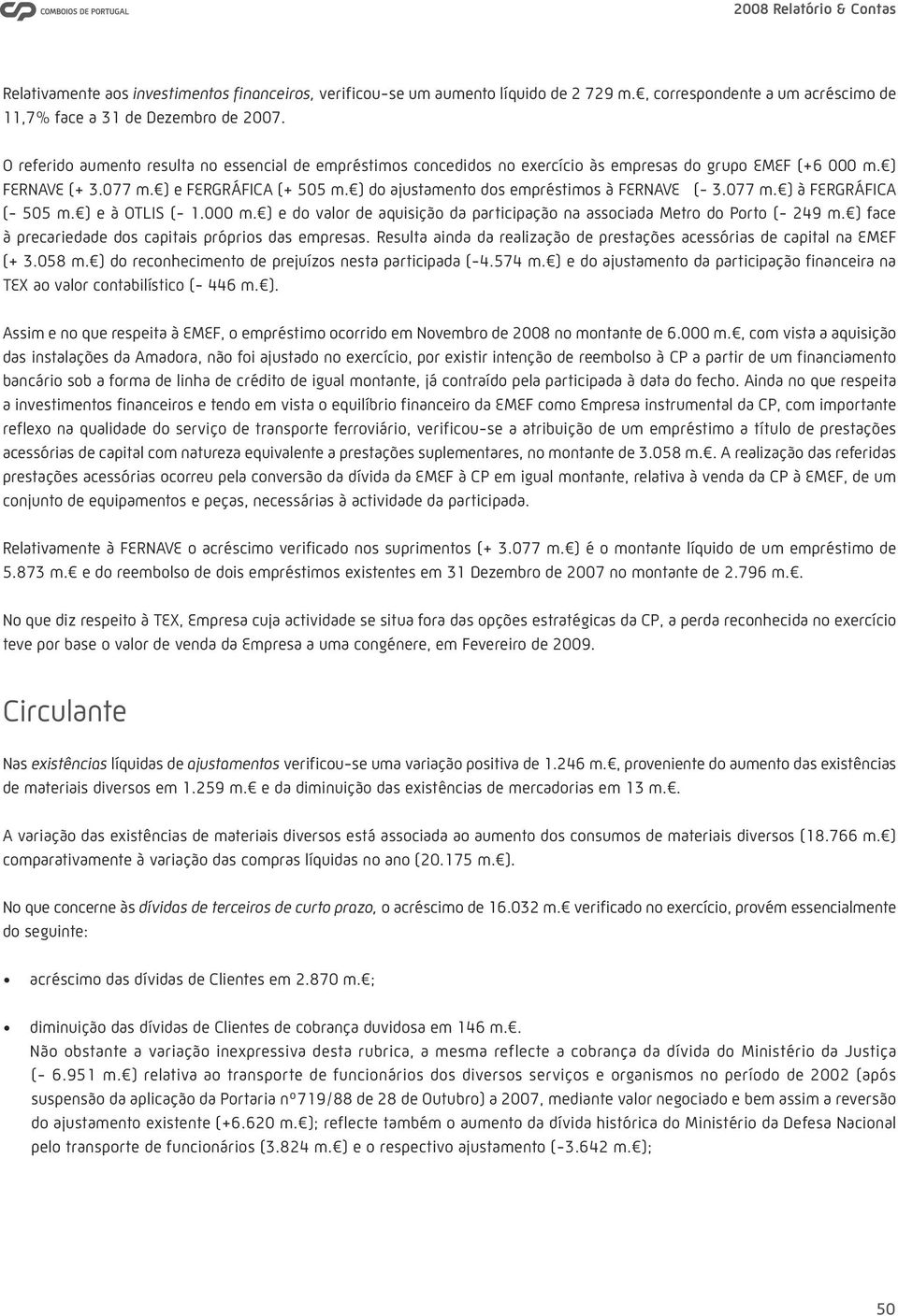 ) do ajustamento dos empréstimos à FERNAVE (- 3.077 m. ) à FERGRÁFICA (- 505 m. ) e à OTLIS (- 1.000 m. ) e do valor de aquisição da participação na associada Metro do Porto (- 249 m.