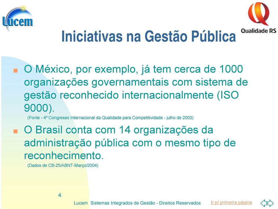 (Fonte - 4º Congresso Internacional da Qualidade para Competitividade - julho de 2003) O Brasil