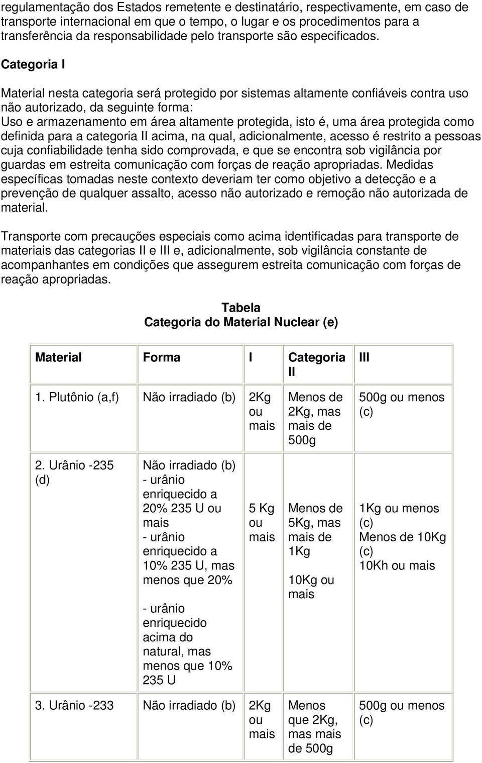 Categoria I Material nesta categoria será protegido por sistemas altamente confiáveis contra uso não autorizado, da seguinte forma: Uso e armazenamento em área altamente protegida, isto é, uma área