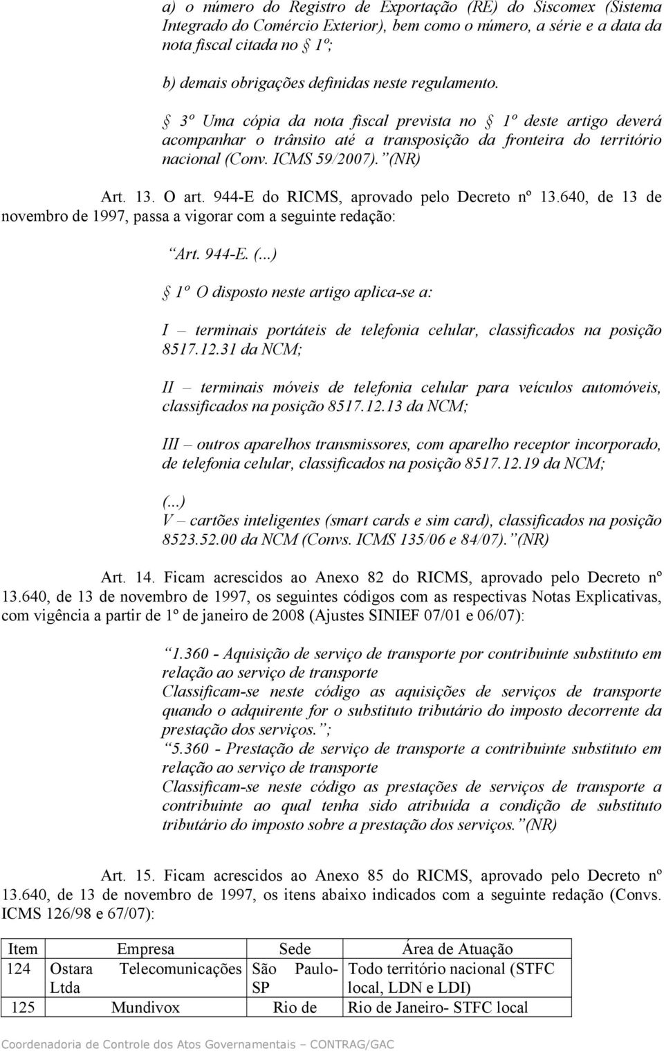 944-E do RICMS, aprovado pelo Decreto nº 13.640, de 13 de novembro Art. 944-E. 1º O disposto neste artigo aplica-se a: I terminais portáteis de telefonia celular, classificados na posição 8517.12.