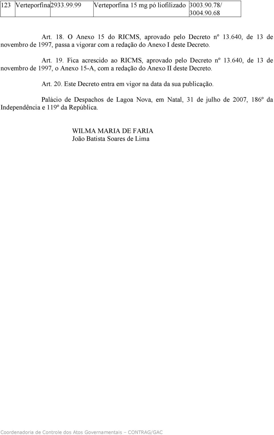 640, de 13 de novembro de 1997, o Anexo 15-A, com a redação do Anexo II deste Decreto. Art. 20. Este Decreto entra em vigor na data da sua publicação.