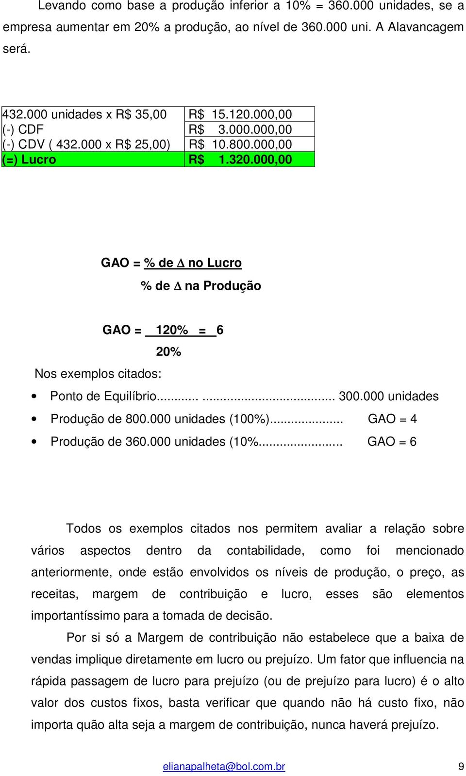 000,00 GAO = % de no Lucro % de na Produção GAO = 120% = 6 20% Nos exemplos citados: Ponto de Equilíbrio...... 300.000 unidades Produção de 800.000 unidades (100%)... GAO = 4 Produção de 360.