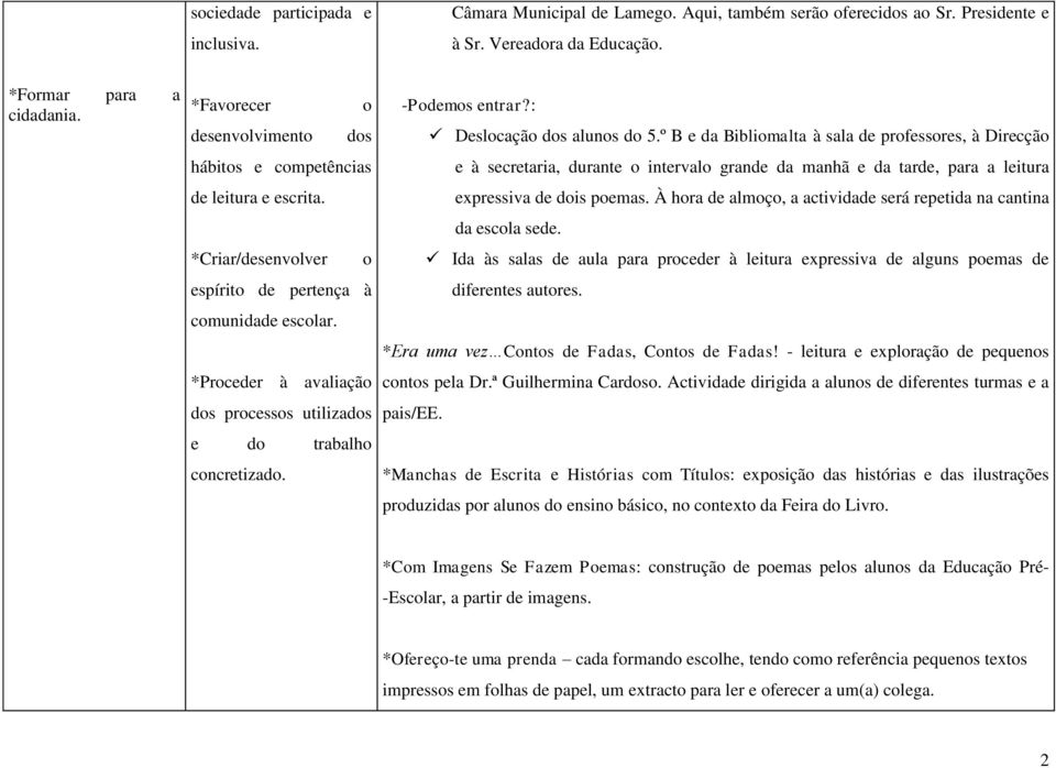 *Proceder à avaliação dos processos utilizados e do trabalho concretizado. -Podemos entrar?: Deslocação dos alunos do 5.