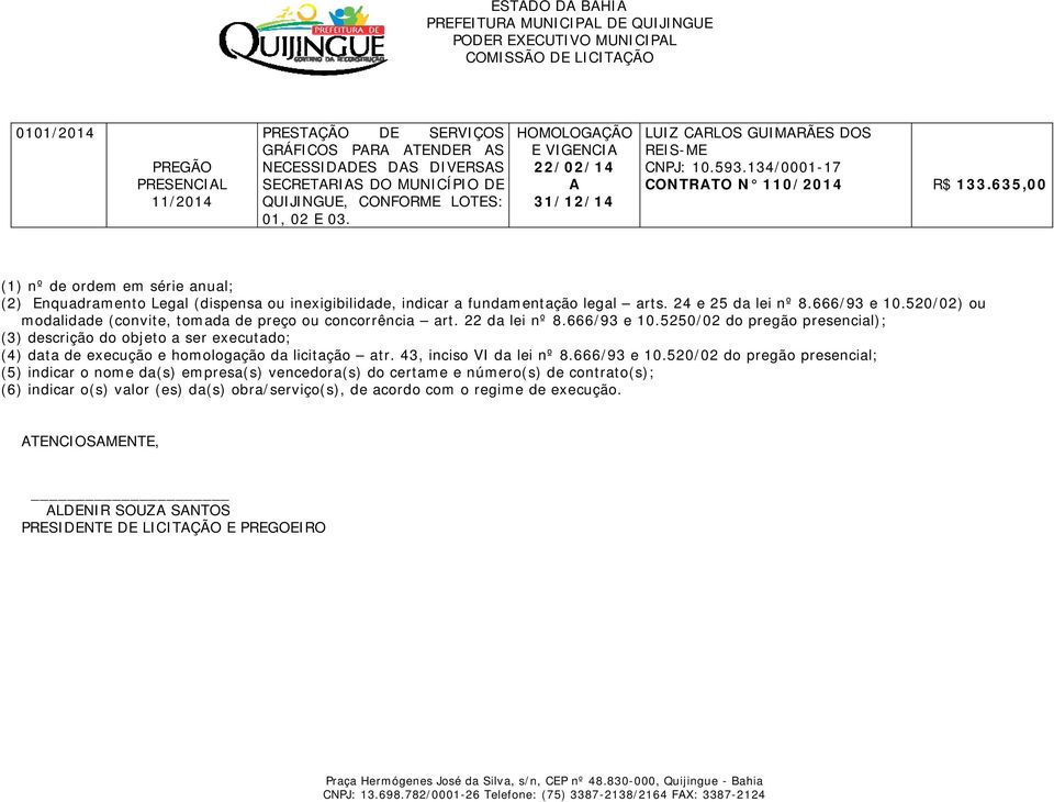 635,00 (1) nº de ordem em série anual; (2) Enquadramento Legal (dispensa ou inexigibilidade, indicar a fundamentação legal arts. 24 e 25 da lei nº 8.666/93 e 10.