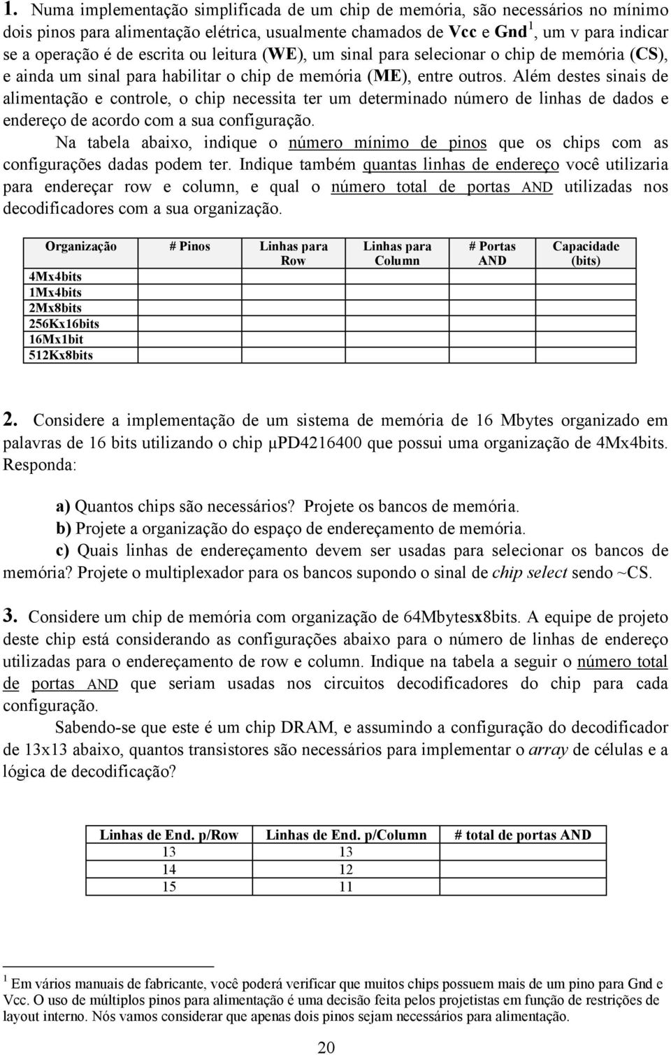 Além destes sinais de alimentação e controle, o chip necessita ter um determinado número de linhas de dados e endereço de acordo com a sua configuração.