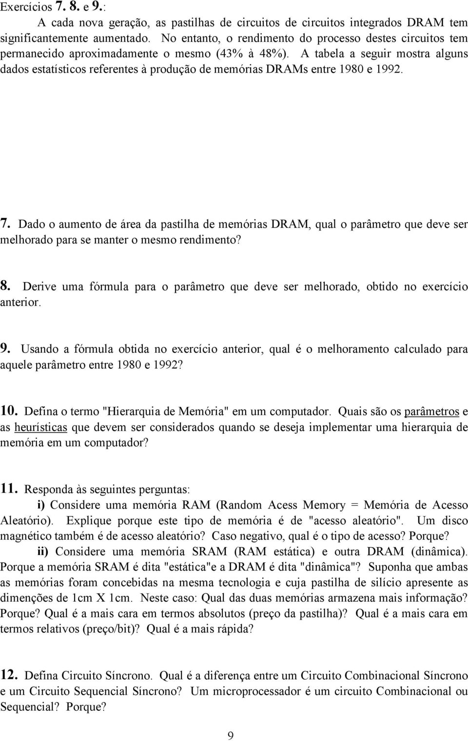 A tabela a seguir mostra alguns dados estatísticos referentes à produção de memórias DRAMs entre 1980 e 1992. 7.