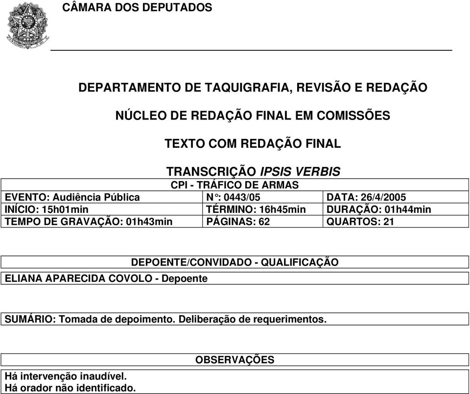 01h44min TEMPO DE GRAVAÇÃO: 01h43min PÁGINAS: 62 QUARTOS: 21 ELIANA APARECIDA COVOLO - Depoente DEPOENTE/CONVIDADO -