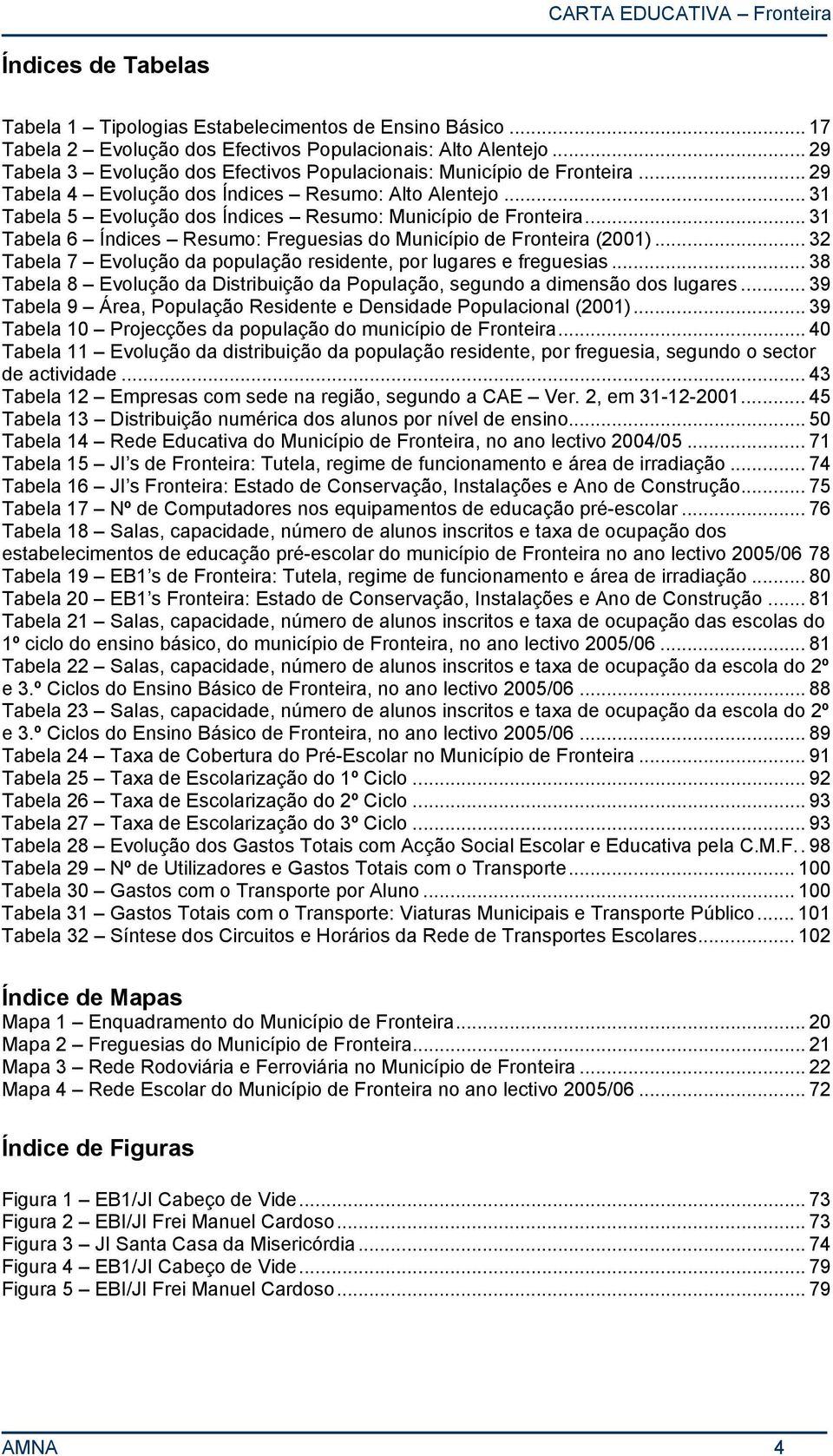 .. 31 Tabela 6 Índices Resumo: Freguesias do Município de Fronteira (2001)... 32 Tabela 7 Evolução da população residente, por lugares e freguesias.