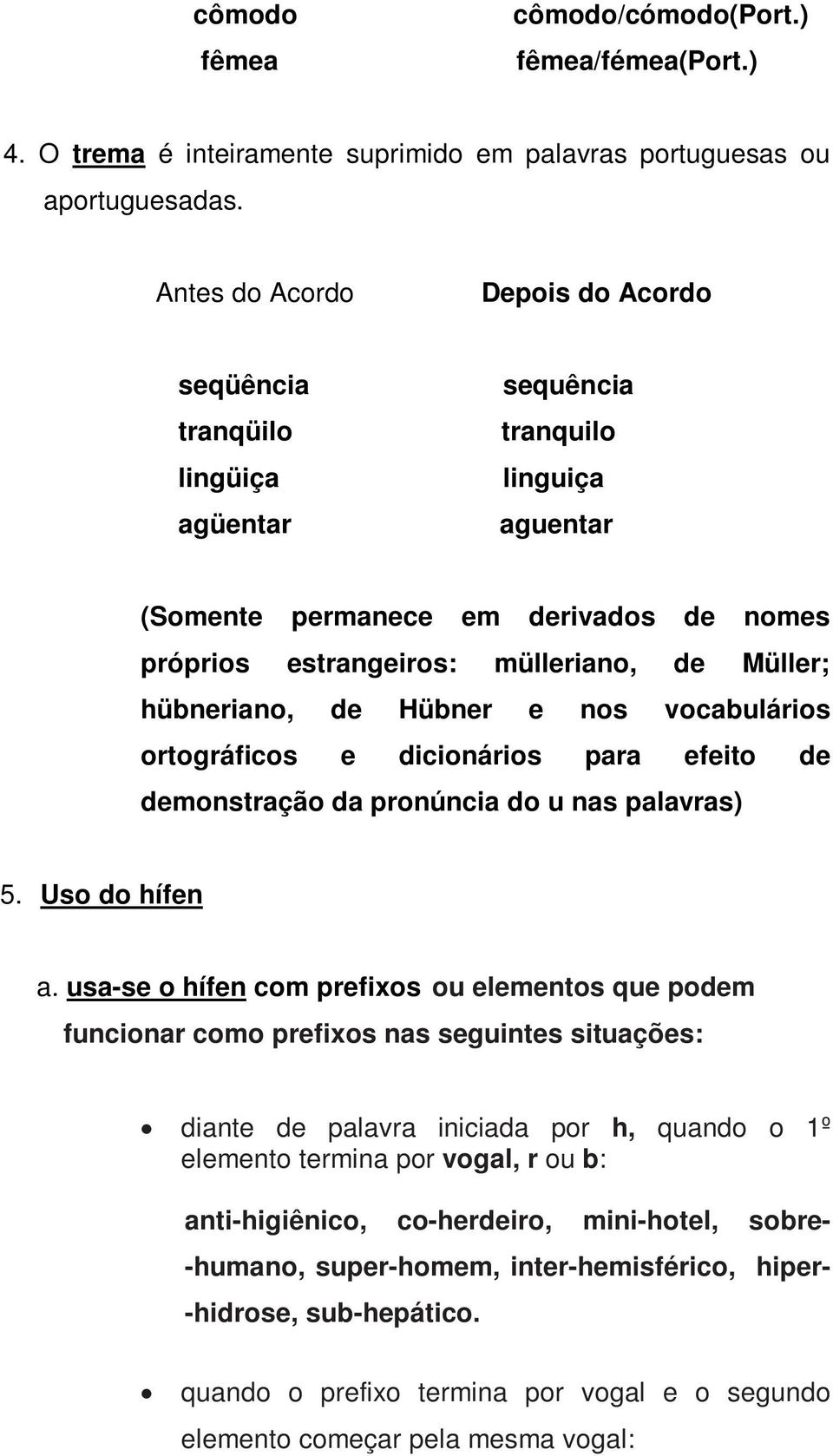 vocabulários ortográficos e dicionários para efeito de demonstração da pronúncia do u nas palavras) 5. Uso do hífen a.