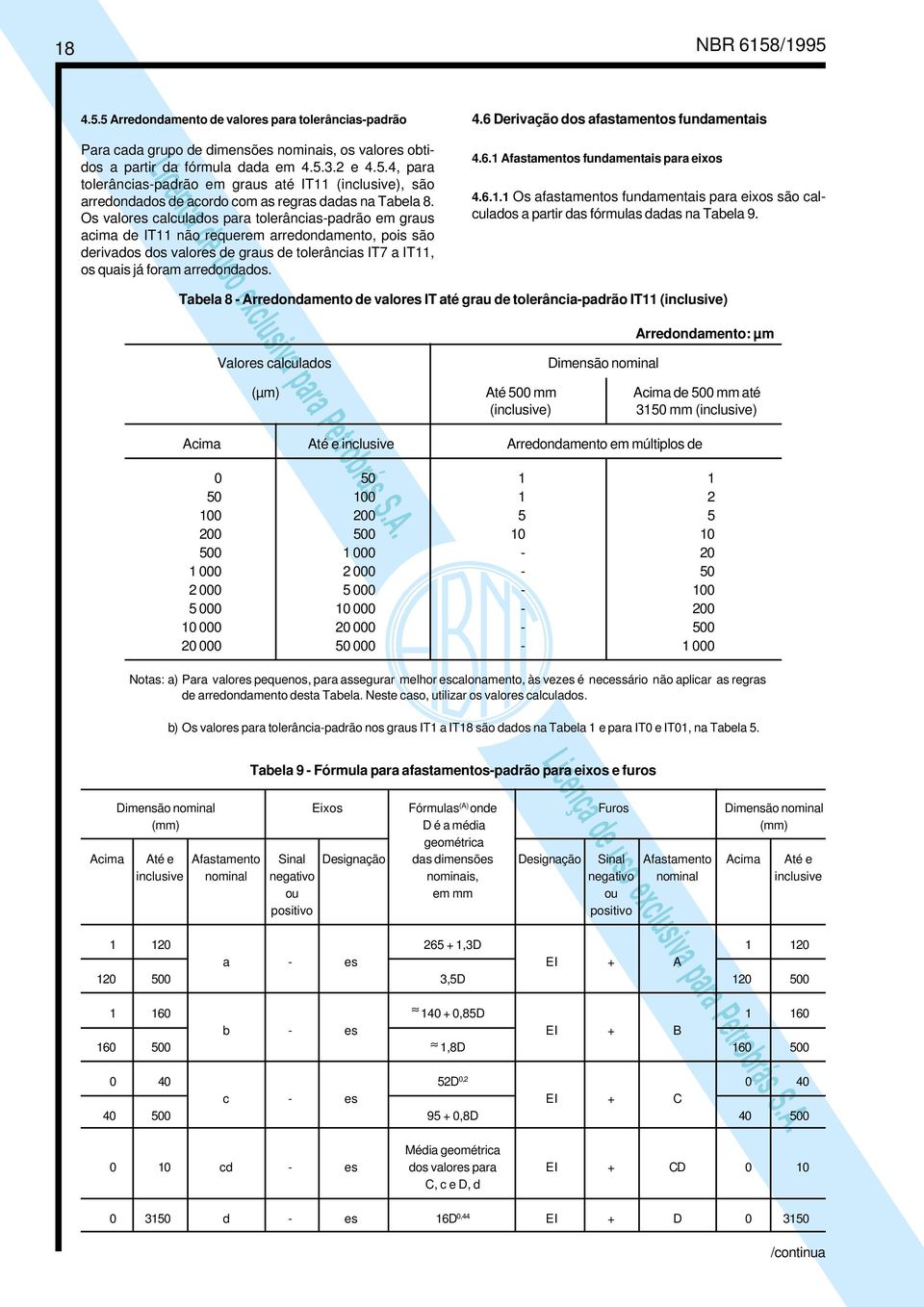 6 Derivação dos afastamentos fundamentais 4.6.1 Afastamentos fundamentais para eixos 4.6.1.1 Os afastamentos fundamentais para eixos são calculados a partir das fórmulas dadas na Tabela 9.